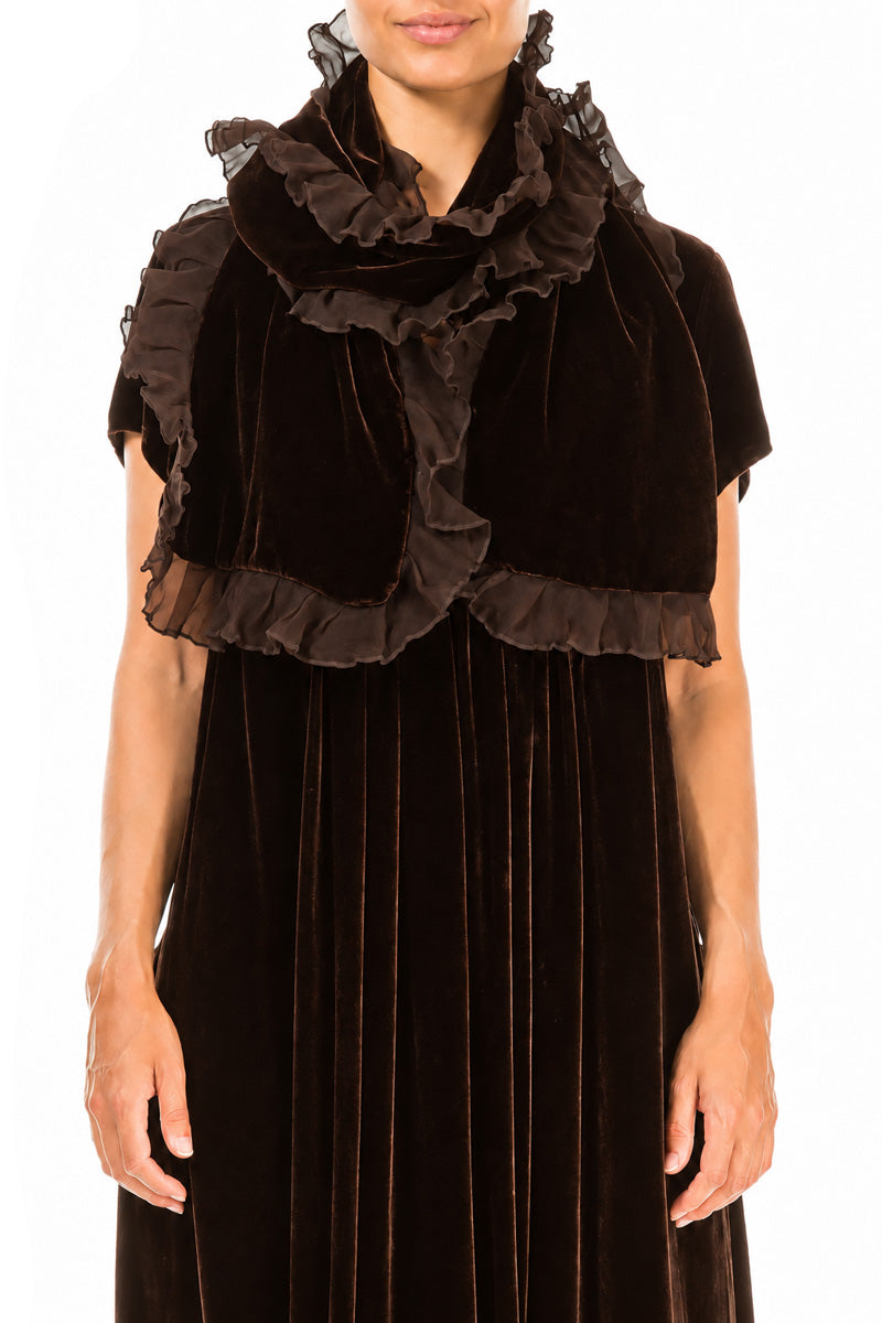 Ruffled Truffle Brown Silk Velvet Scarf 1