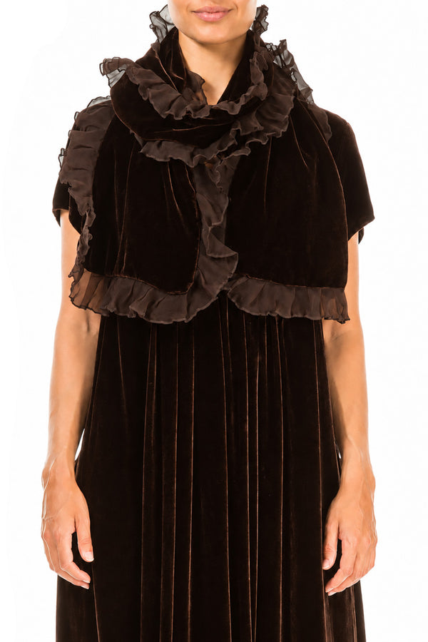 Ruffled Truffle Brown Silk Velvet Scarf