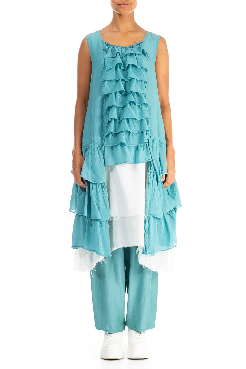 Ruffled Layered Turquoise Silk Cotton Tunic 1