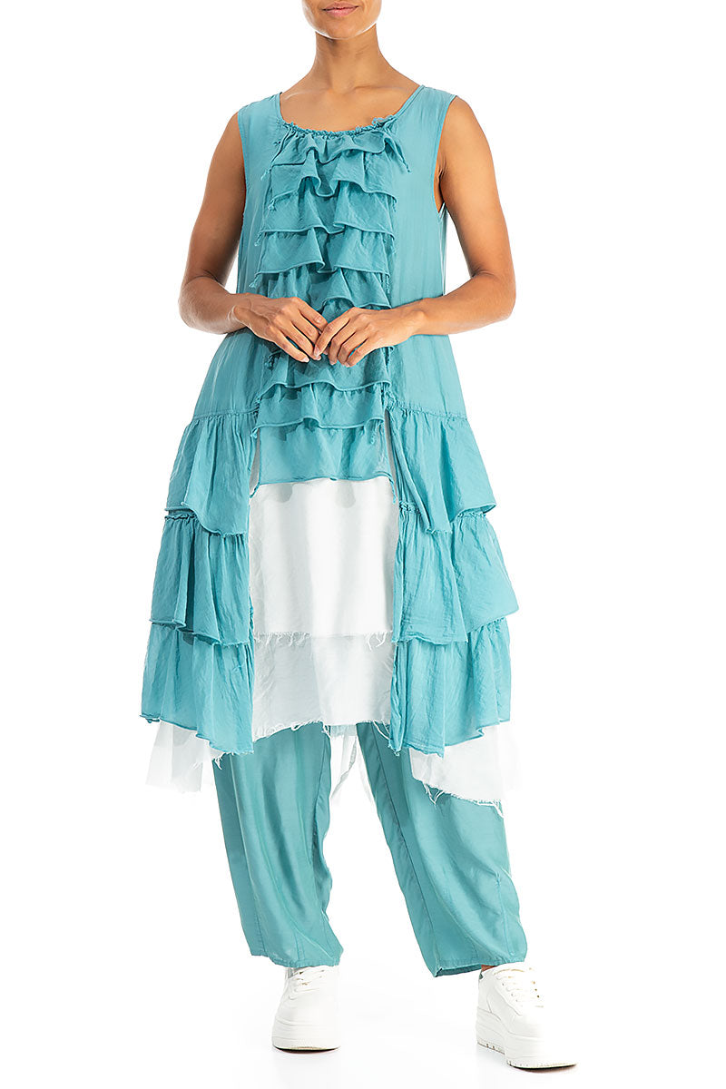 Ruffled Layered Turquoise Silk Cotton Tunic 4