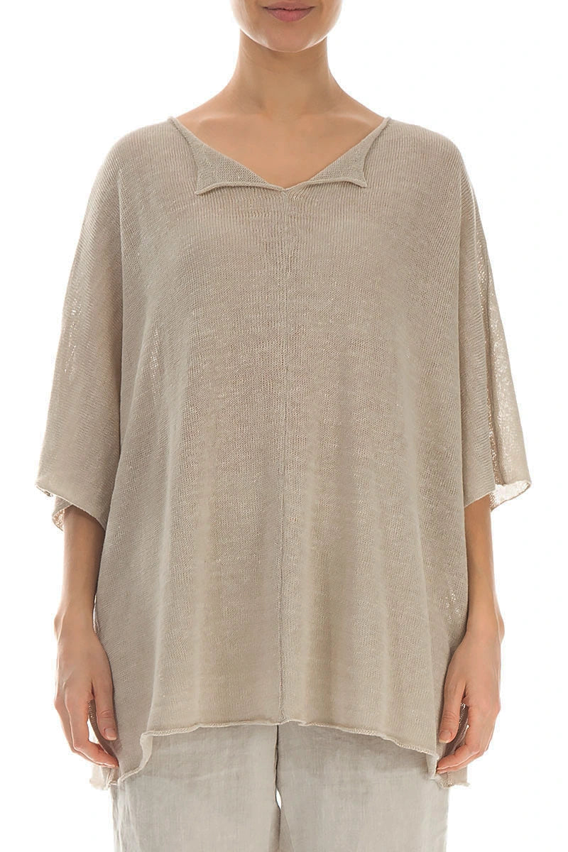 Scalloped V-Neck Natural Linen Jumper 1