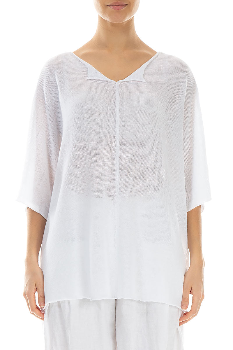Scalloped V-Neck White Linen Jumper 1