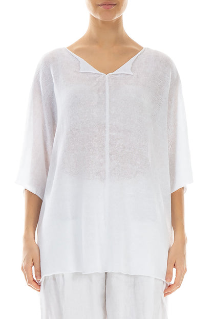 Scalloped V-Neck White Linen Jumper 1