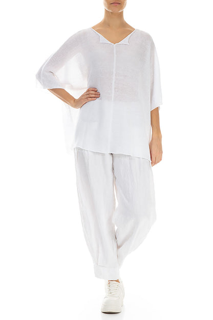 Scalloped V-Neck White Linen Jumper 4