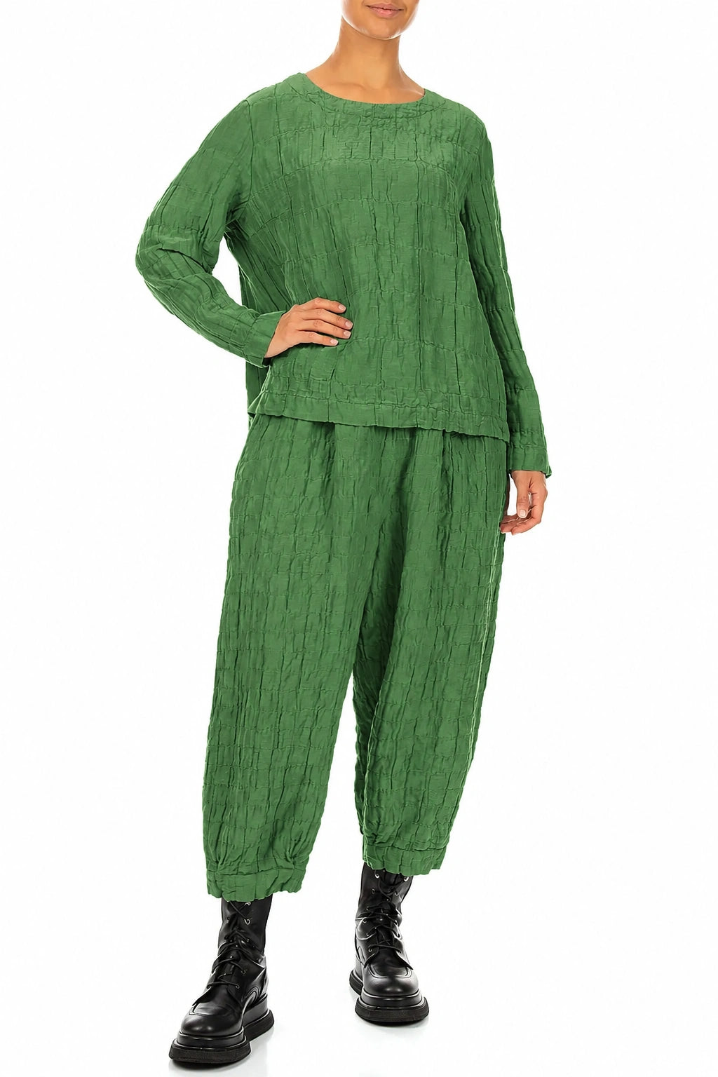Shamrock Green Pleated Silk Linen Blouse 4