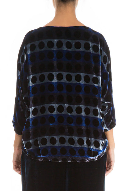 Chemisier court en velours de soie bleu à motifs