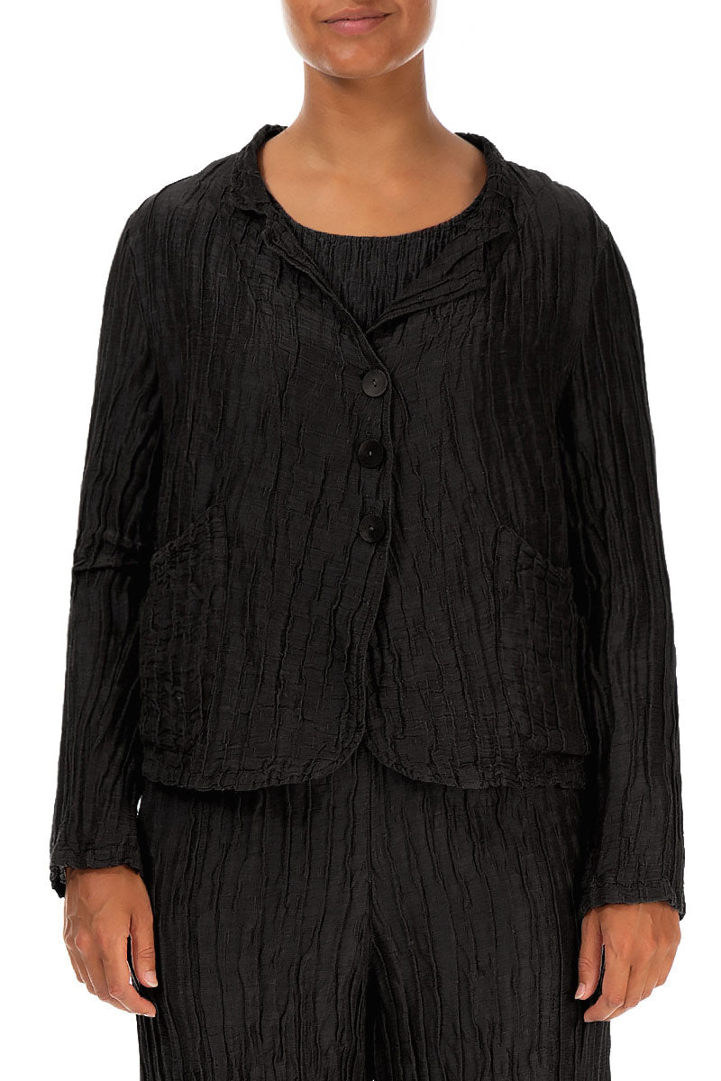 Short Crinkled Black Silk Linen Jacket