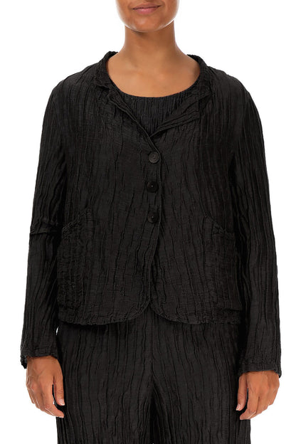 Short Crinkled Black Silk Linen Jacket 1