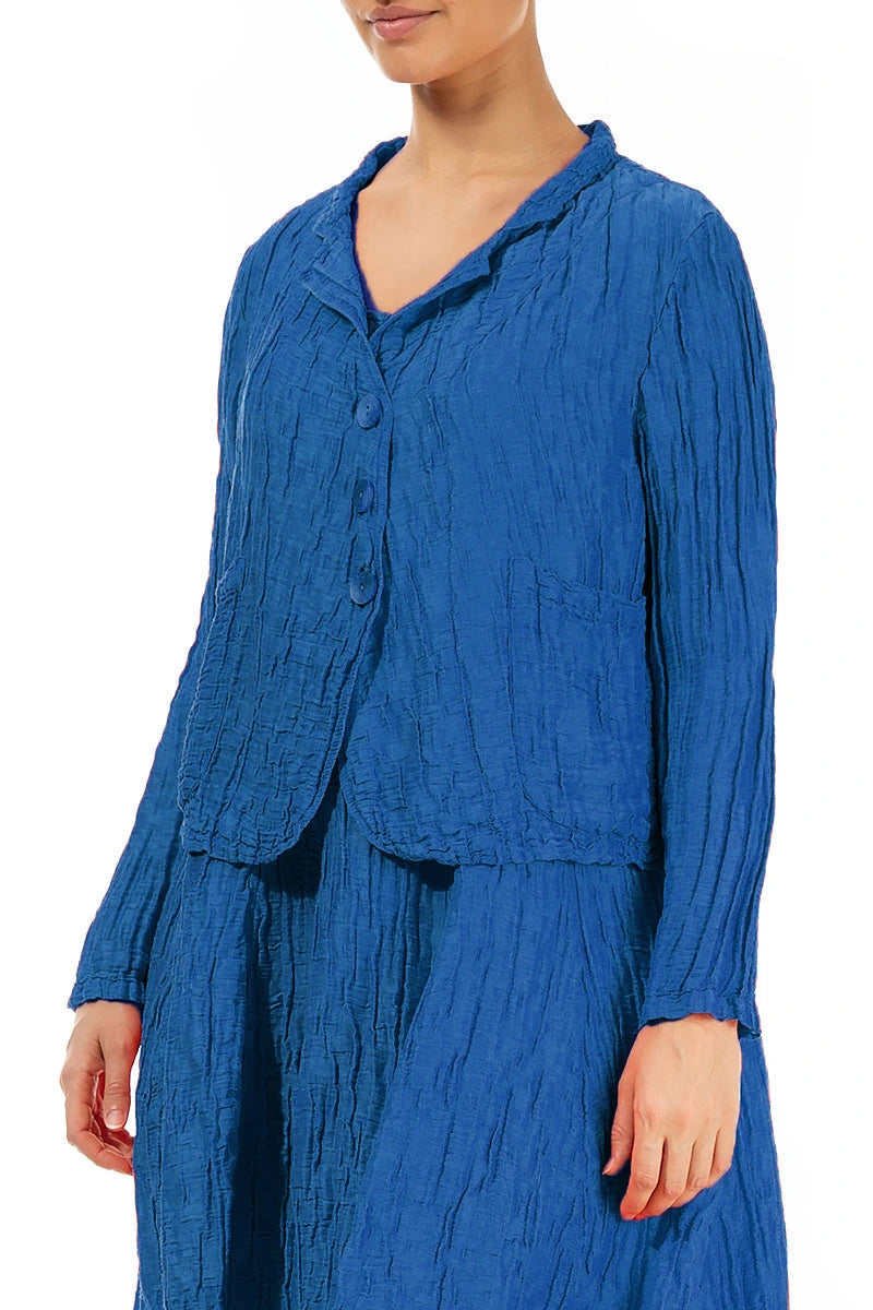 Short Crinkled Cobalt Blue Silk Linen Jacket