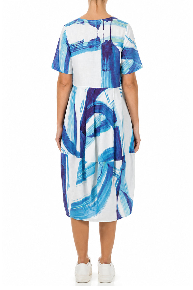 Short Sleeves Balloon Blue Brushstroke Linen Dress
