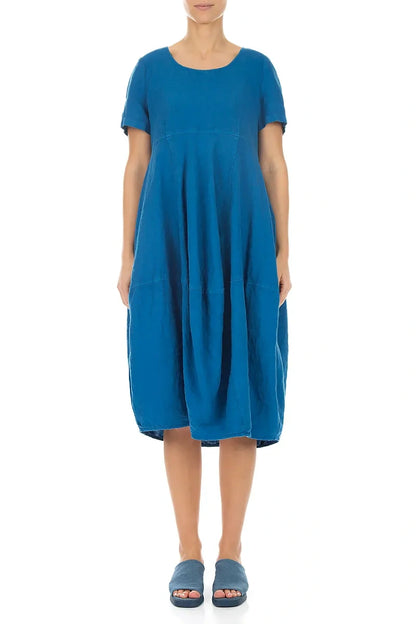 Short Sleeves Balloon Cobalt Blue Linen Dress