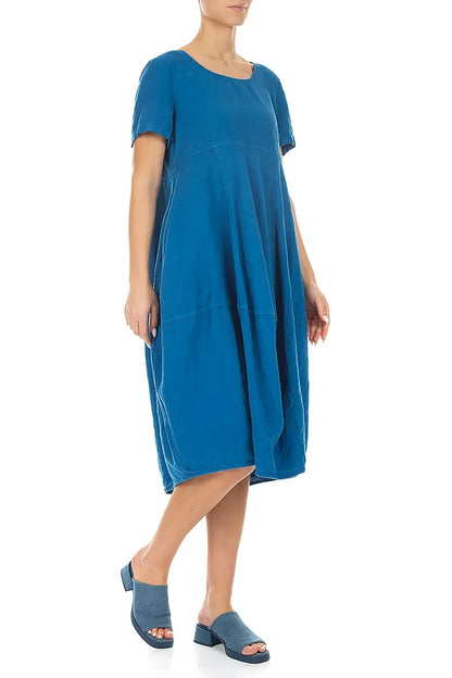 Short Sleeves Balloon Cobalt Blue Linen Dress