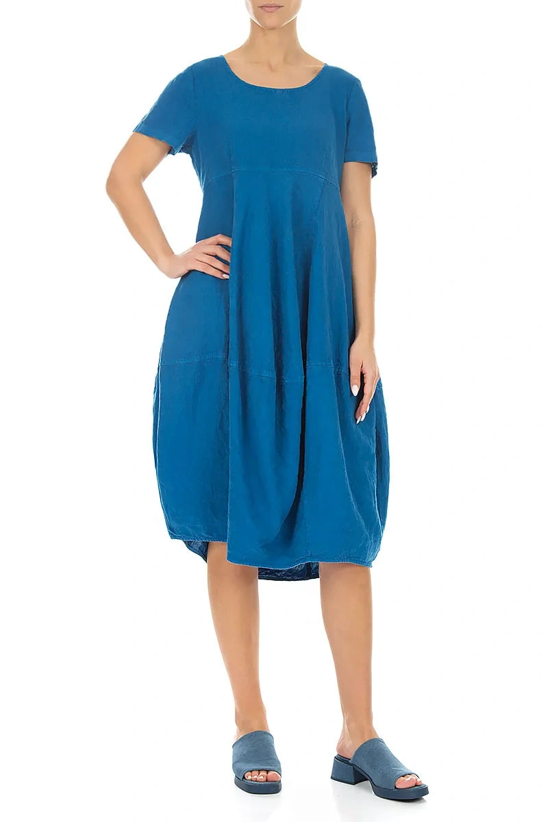 Short Sleeves Balloon Cobalt Blue Linen Dress