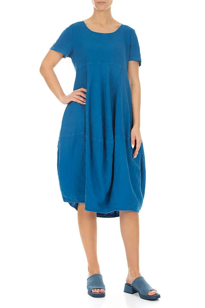 Short Sleeves Balloon Cobalt Blue Linen Dress