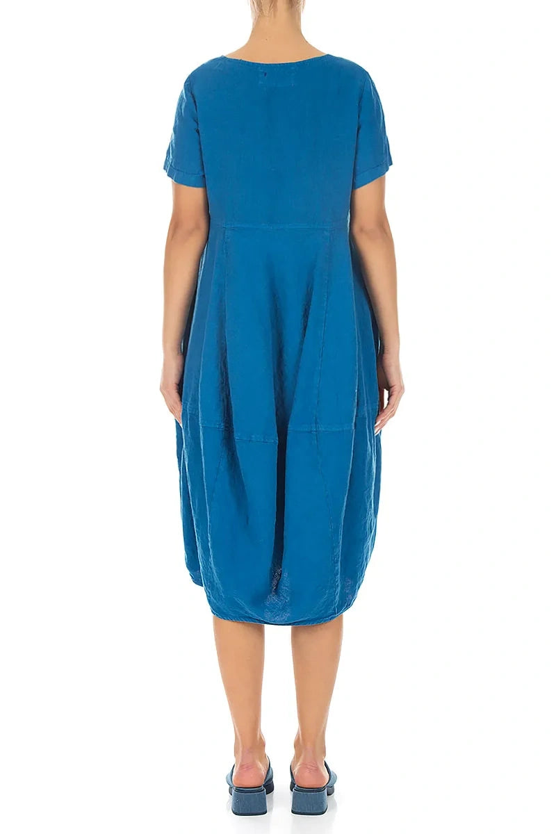 Short Sleeves Balloon Cobalt Blue Linen Dress