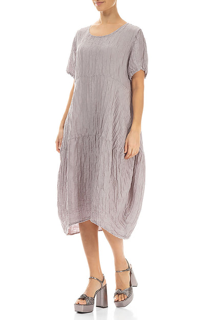Short Sleeves Balloon Crinkled Greige Silk Dress 3