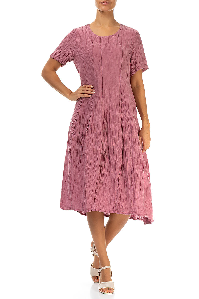 Short Sleeves Balloon Crinkled Mauve Taupe Silk Dress 4