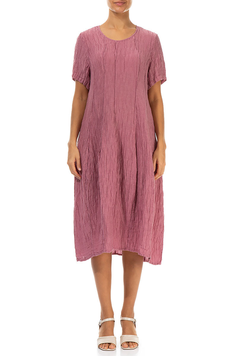 Short Sleeves Balloon Crinkled Mauve Taupe Silk Dress 1