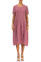 Short Sleeves Balloon Crinkled Mauve Taupe Silk Dress 1