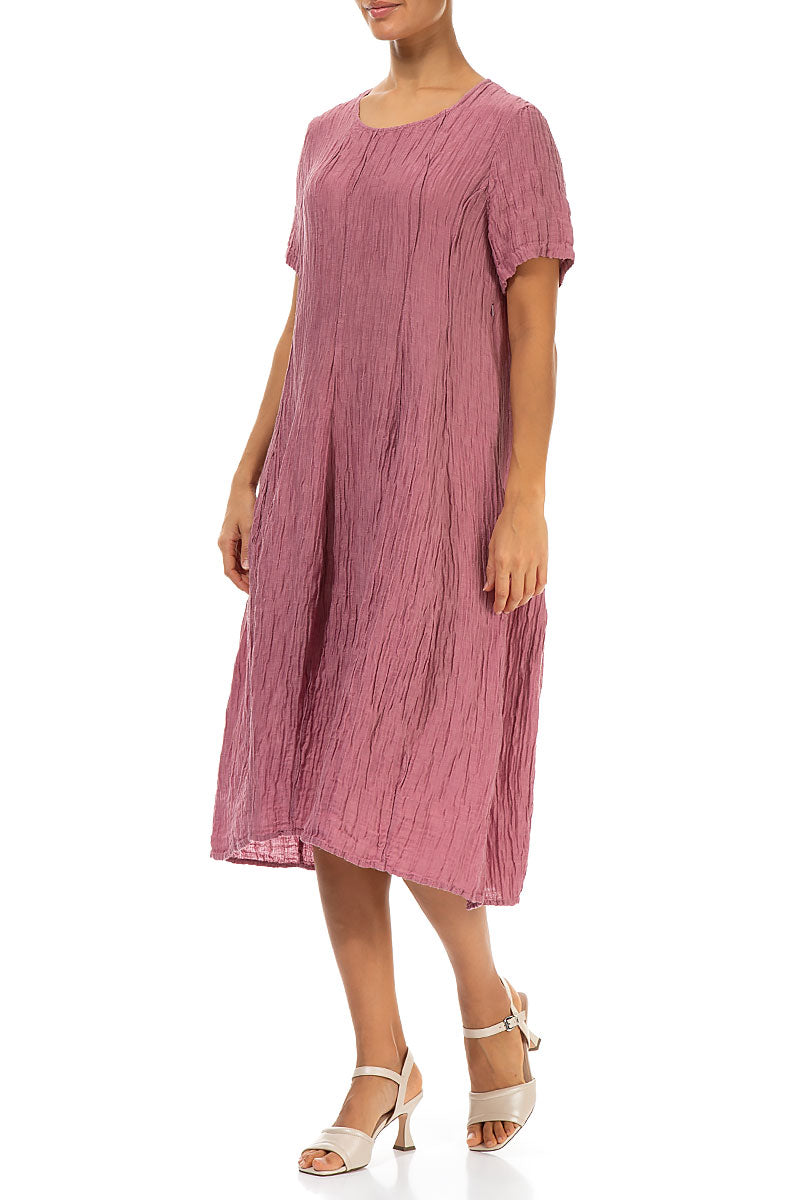 Short Sleeves Balloon Crinkled Mauve Taupe Silk Dress 3