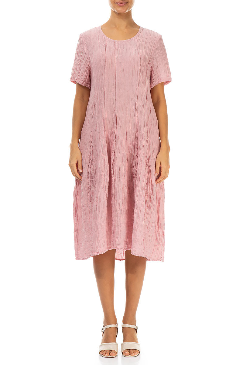 Short Sleeves Balloon Crinkled Powder Pink Silk Dress 1
