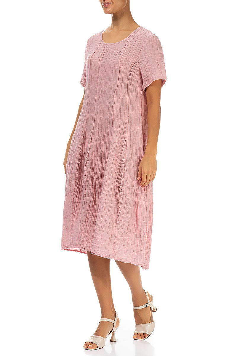 Short Sleeves Balloon Crinkled Powder Pink Silk Dress 3