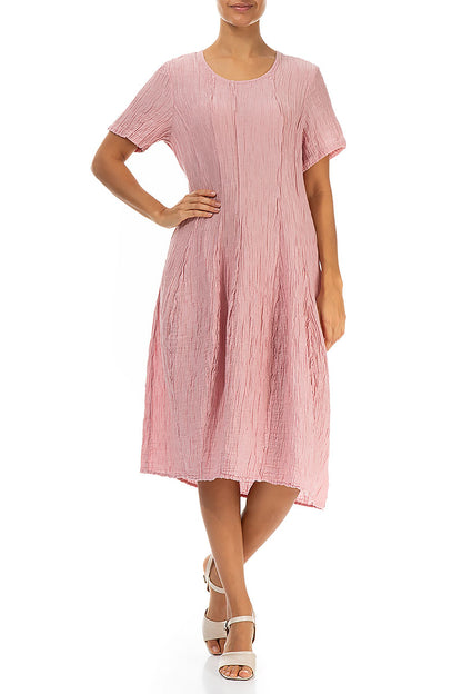 Short Sleeves Balloon Crinkled Powder Pink Silk Dress 4