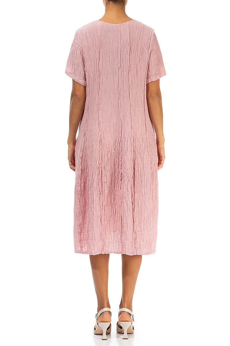Short Sleeves Balloon Crinkled Powder Pink Silk Dress 2