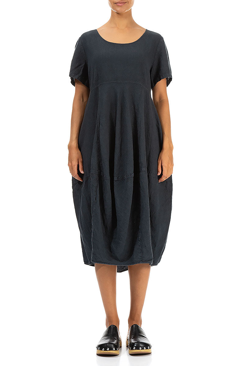 Short Sleeves Balloon Graphite Linen Dress 1