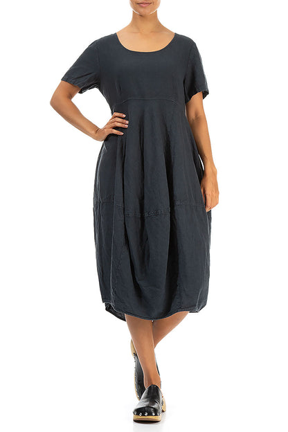Short Sleeves Balloon Graphite Linen Dress 3
