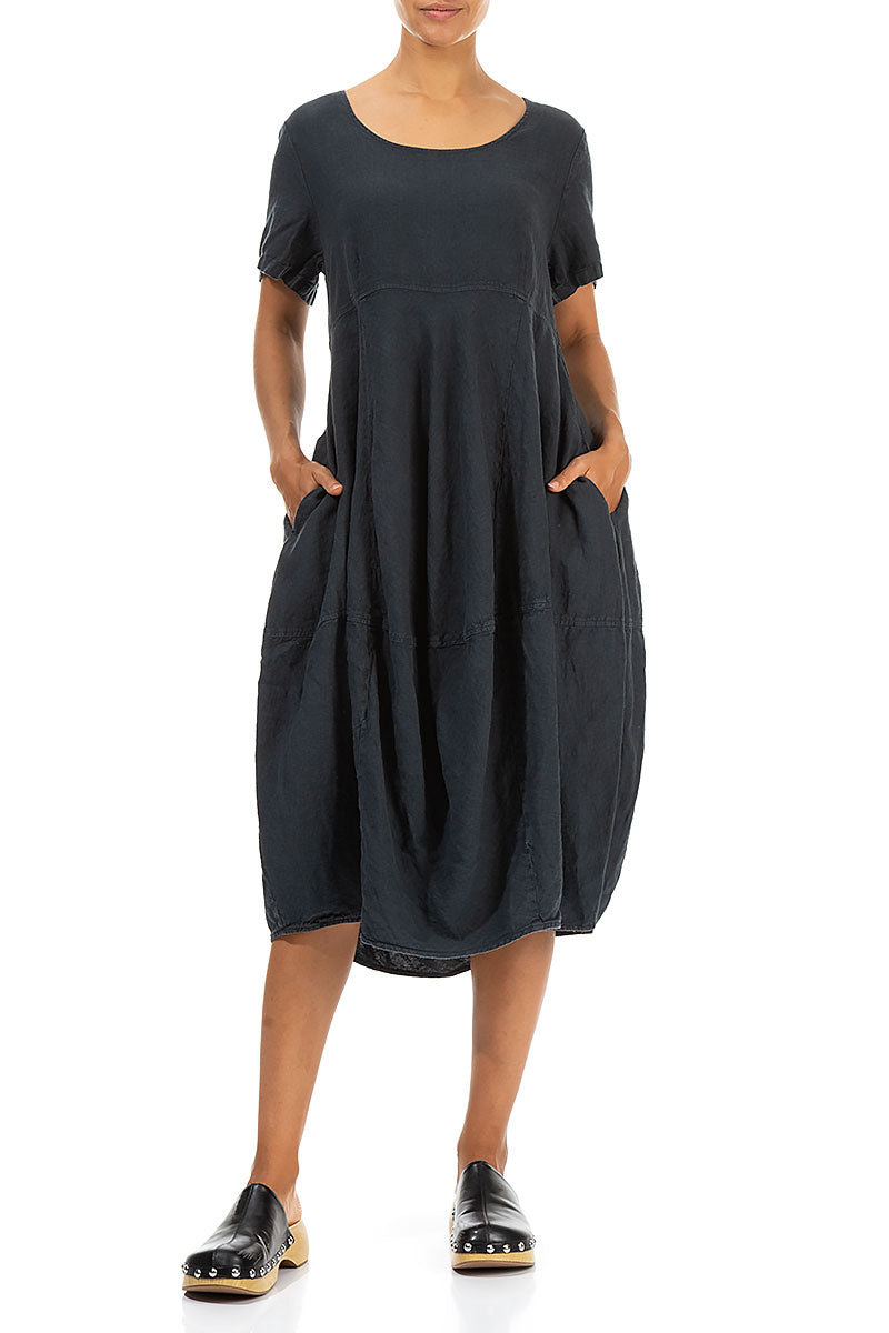 Short Sleeves Balloon Graphite Linen Dress 4