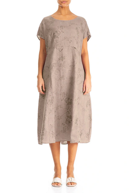 Short Sleeves Beige Blossom Linen Dress 1