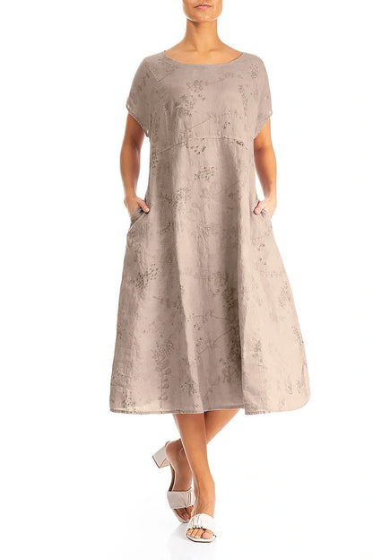 Short Sleeves Beige Blossom Linen Dress 3