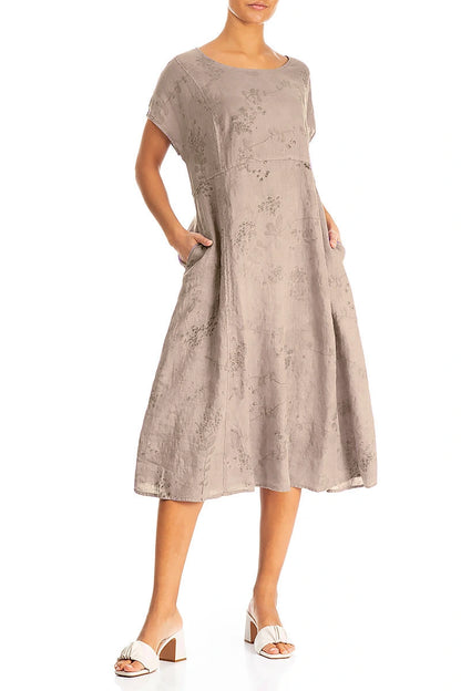 Short Sleeves Beige Blossom Linen Dress 4