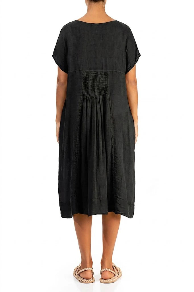 Short Sleeves Black Gauze Linen Midi Dress – grizas.com