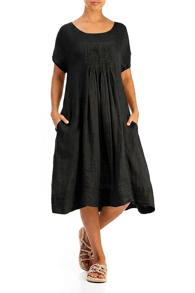 Short Sleeves Black Gauze Linen Midi Dress grizas.com Short Sleeves Black Gauze Linen Midi Dress grizas.com