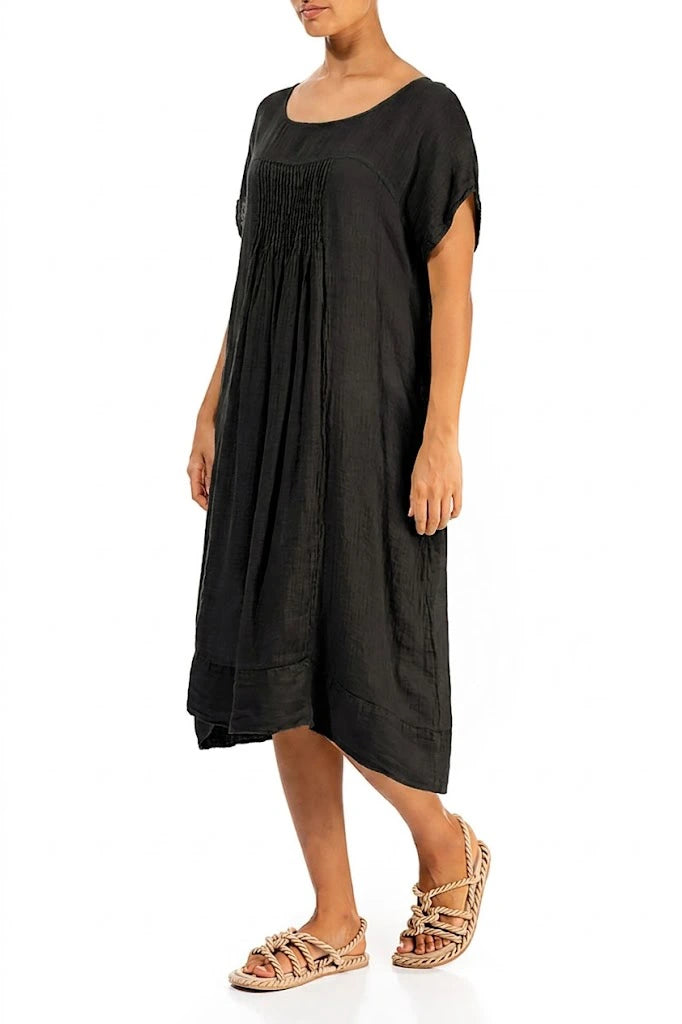 Short Sleeves Black Gauze Linen Midi Dress grizas.com Short Sleeves Black Gauze Linen Midi Dress grizas.com