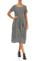 Short Sleeves Black & White Check Linen Dress 4