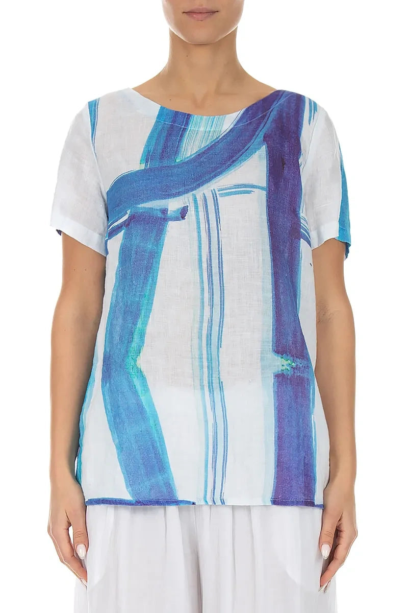 Short Sleeves Blue Brushstroke Linen Top