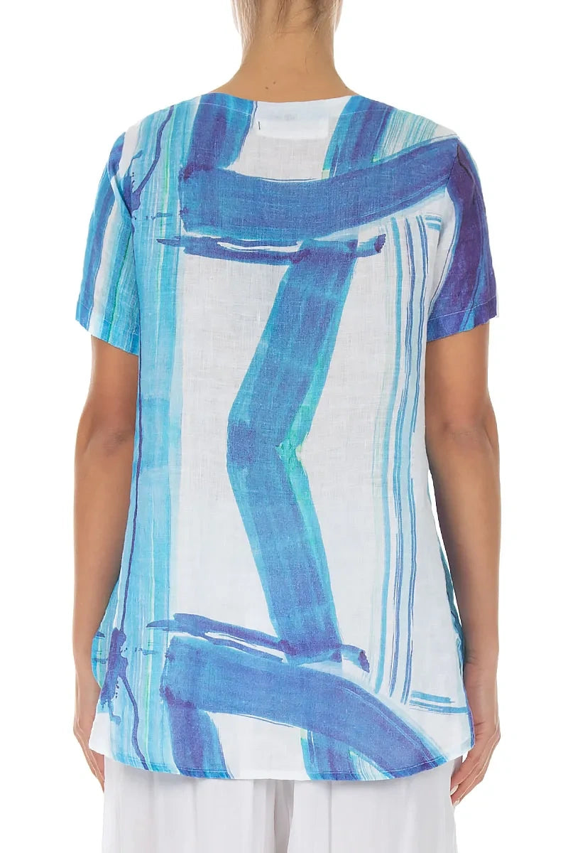Short Sleeves Blue Brushstroke Linen Top