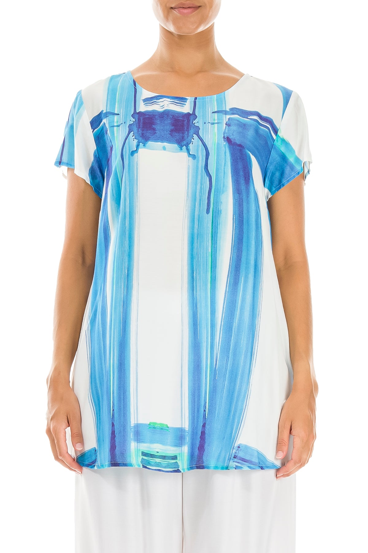 Short Sleeves Blue Brushstroke Silk Bamboo Top