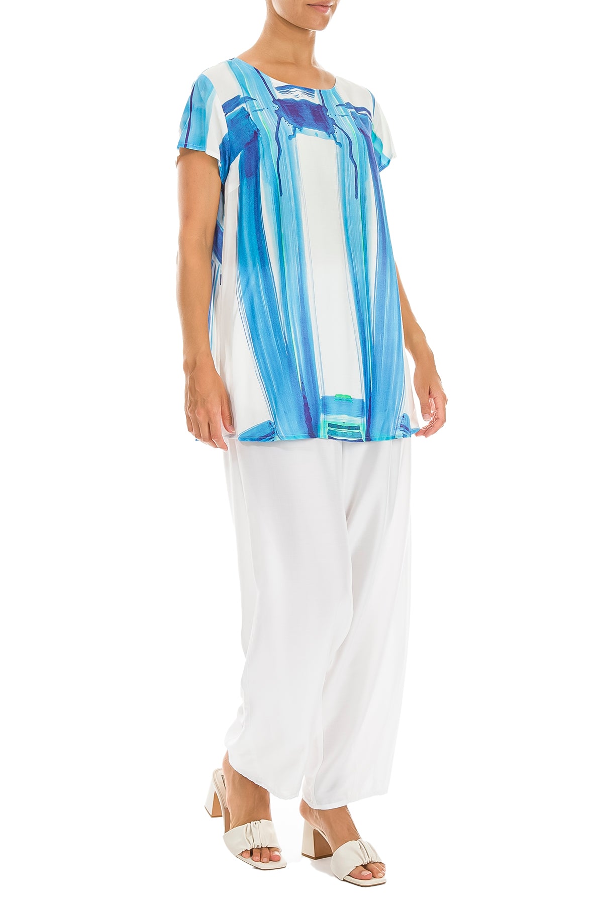 Short Sleeves Blue Brushstroke Silk Bamboo Top
