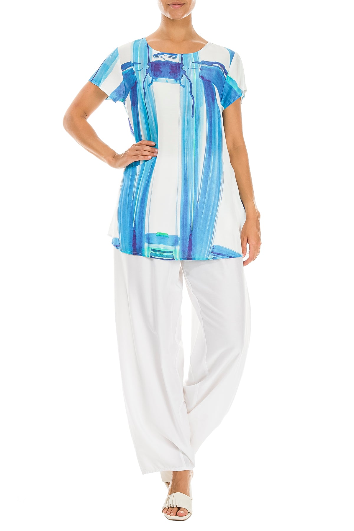 Short Sleeves Blue Brushstroke Silk Bamboo Top