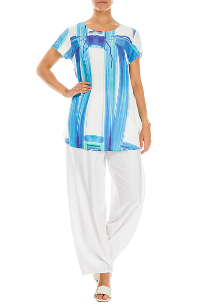 Short Sleeves Blue Brushstroke Silk Bamboo Top