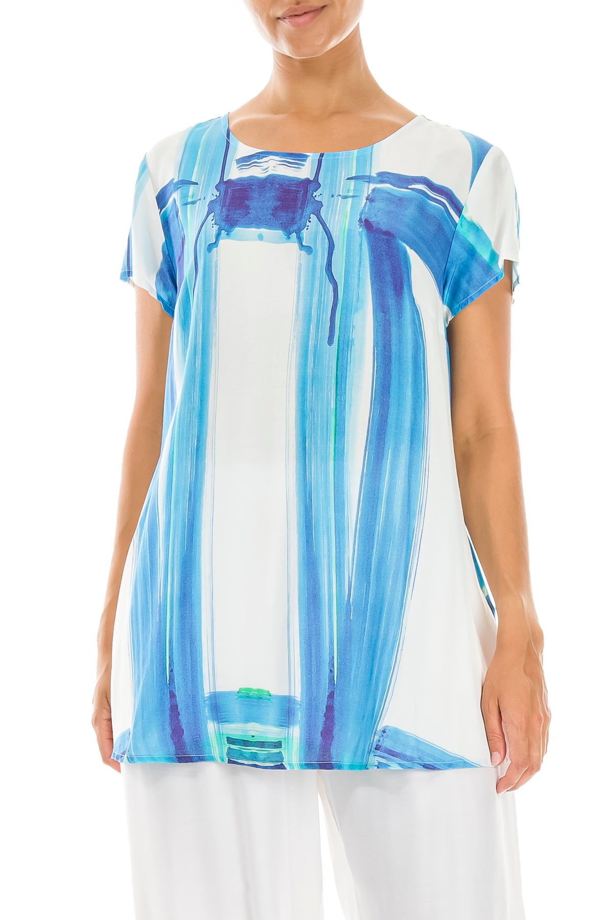 Short Sleeves Blue Brushstroke Silk Bamboo Top