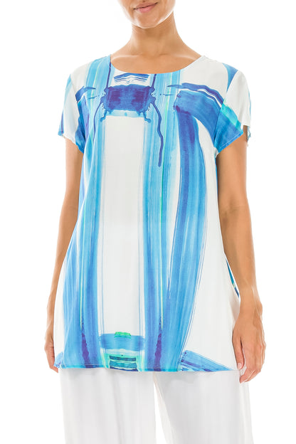 Short Sleeves Blue Brushstroke Silk Bamboo Top