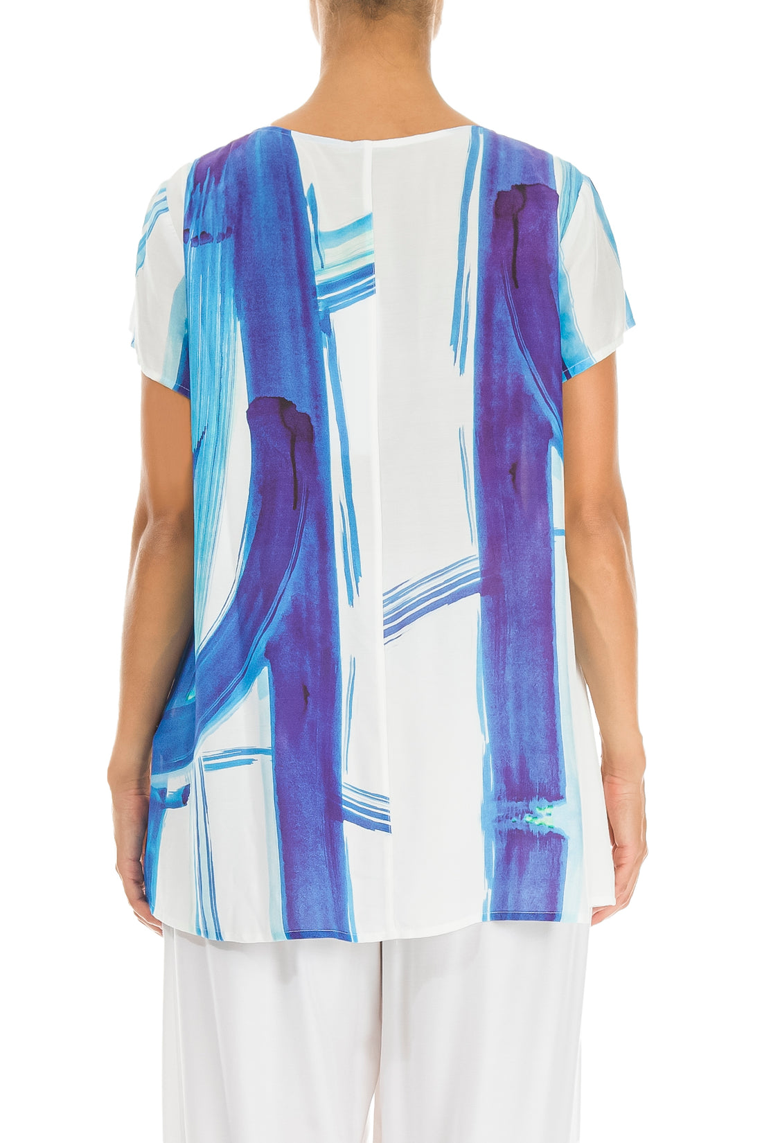Short Sleeves Blue Brushstroke Silk Bamboo Top 2