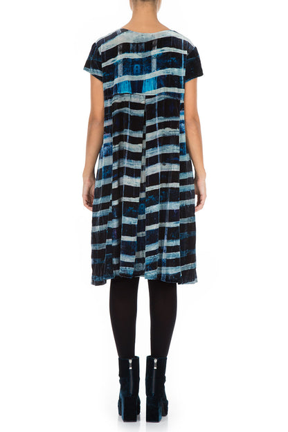 Short Sleeves Blue Lines Stretchy Silk Velvet Dress