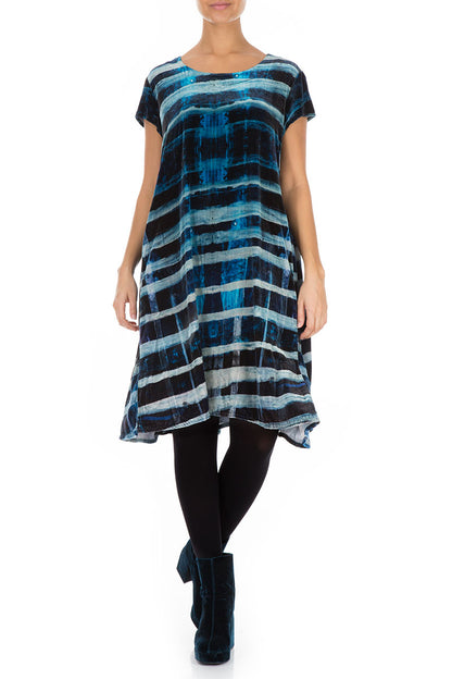 Short Sleeves Blue Lines Stretchy Silk Velvet Dress