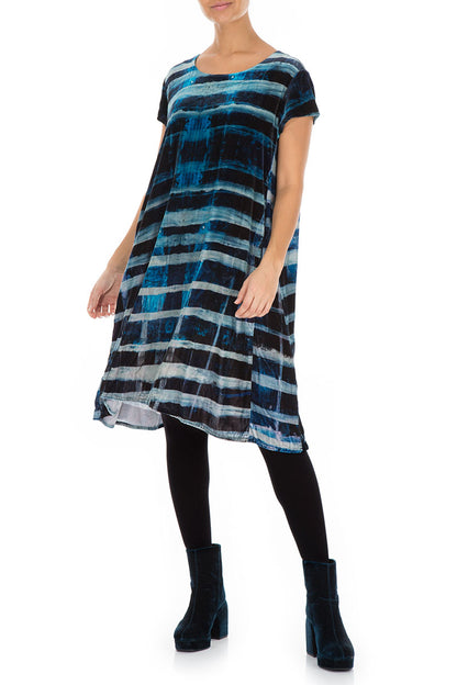 Short Sleeves Blue Lines Stretchy Silk Velvet Dress